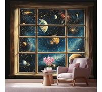 LCHMQ Fresque Murale Papier PeintVue Fenêtre Grille Plusieurs PlanètesTrompe l'oeil MuralStyle Vintage Espace GalaxieAdhésif Pour Chambre Papier Peint Nature 350x240cm
