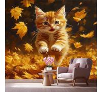 LCHMQ Wall Covering Realistic 3DCartoon Animal KittenMural WallpaperInterior DesignNatural Autumn LeavesRoom Decor Picture 350x240 cm