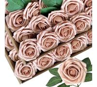 LCiclly Lot de 50 roses artificielles en mousse terracotta avec tiges et 12 feuilles, roses fausses brun clair réalistes pour bouquets de mariage, centres de table, arrangements, décorations de fête