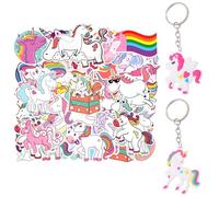 LCIEFKAE 50 Autocollants De Graffiti À Cheval Arc-en-Ciel, 2 Anneaux Clés De Cheval Arc-en-Ciel, Autocollant De Densité d'eau Caricale Mignonne, Ornements De Chauffage Animal, Décorations Drôles.