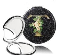 LCKKJHG Mini Miroir de Maquillage 2pcs 2-Side Mirror Folding Magnifying Makeup Pocket Portable Beauty Cosmetic Tool Golden Flower Letter Pattern pour Les Voyages(Black-T)