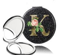 LCKKJHG Mini Miroir de Maquillage 2pcs 2-Side Mirror Folding Magnifying Makeup Pocket Portable Beauty Cosmetic Tool Golden Flower Letter Pattern pour Les Voyages(Black-K)