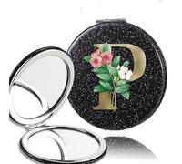 LCKKJHG Mini Miroir de Maquillage 2pcs 2-Side Mirror Folding Magnifying Makeup Pocket Portable Beauty Cosmetic Tool Golden Flower Letter Pattern pour Les Voyages(Black-P)