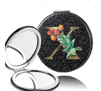 LCKKJHG Mini Miroir de Maquillage 2pcs 2-Side Mirror Folding Magnifying Makeup Pocket Portable Beauty Cosmetic Tool Golden Flower Letter Pattern pour Les Voyages(Black-X)