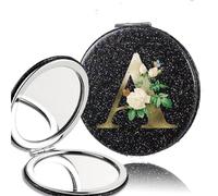 LCKKJHG Mini Miroir de Maquillage 2pcs 2-Side Mirror Folding Magnifying Makeup Pocket Portable Beauty Cosmetic Tool Golden Flower Letter Pattern pour Les Voyages(Black-A)