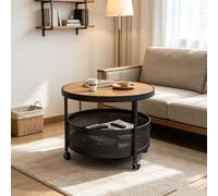 LCNDKF Industrial Round Coffee Table Rolling 2 Tier Black 1 Pack | Small Round Coffee Table on Wheels, 2-Tier Round Coffee Table with Open Storage for Living Room, Bla