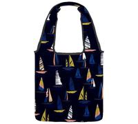 lcndlsoe Sac fourre-tout en toile, sac à main à bandoulière pour femme, motif bateau à voile coloré, fond bleu marine, pour le travail, le shopping, la salle, multicolore 1, 14.1x14.9in/36x38cm