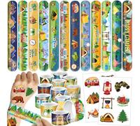 Lcnjscgo Lot de 96 bracelets de camping, 24 bracelets de camping, 72 tatouages temporaires pour camping, aventure en plein air, camping, décorations de fête d'anniversaire pour enfants