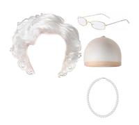LCSVCCXA Halloween Granny Costume Perruque Courte Cheveux Bouclés Femme Collier Lunettes Fibre Accessoire Convient pour Événement Spectacle Soirée Cosplay, Blanc