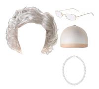 LCSVCCXA Halloween Granny Costume Perruque Courte Cheveux Bouclés Femme Collier Lunettes Fibre Accessoire Convient pour Événement Spectacle Soirée Cosplay, Argent