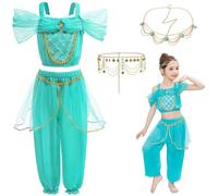 LCXYYY Déguisement Jasmine Fille Cosplay Arabie Princesse Jasmine Danse du Ventre Outfit Top et Pantalon avec Accessoires Set Halloween Noël Carnaval Anniversaire Fête Costume pour Enfant 3-9 Ans