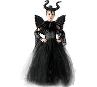 LCXYYY Déguisement Maléfique avec Ailes Fille Cosplay Belle au Bois Dormant Sorcière Noir Long Robe de Bal et Corne Collerette à Plumes Manches pour Halloween Carnaval Fête Robe de Soirée, 2-10 Ans