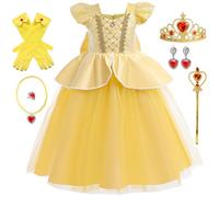 LCXYYY Fille Déguisement Contes Princesses Long Paillettes Robe de Soirée avec Cape et Accessoires Enfant Noël Carnaval Halloween Fête Anniversaire Robe de Bal Jaune, 130