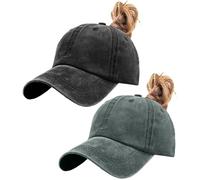 LCZTN FASHION Lot de 2 casquettes de baseball vintage délavées avec trou pour queue de cheval pour femme, Noir/vert, Taille unique