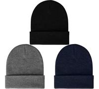LCZTN FASHION Lot de 3 bonnets de ski d'hiver pour homme et femme, bonnet de pêcheur chaud en tricot à revers unisexe, Noir, gris et bleu marine, Taille unique
