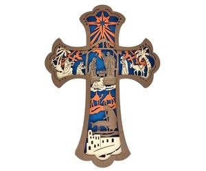 Ldabrye Croix de la Nativité Décoration de Noël Scène en bois Décoration de Noël Histoire de Noël Ornement à suspendre pour la maison Décorations Croix en bois