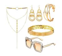 Ldabrye Ensemble de bijoux 5 pièces style disco des années 70 : bandeau, lunettes de soleil, collier, boucles d'oreilles pour femme, fête sur le thème des années 70/80, longue écharpe et bandeau, doré