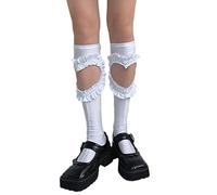 Ldabrye Harajuku Chaussettes de mollet gothiques style japonais Lolita mignon creux cœur volants patchwork noir blanc étudiant genou bas, blanc, Taille unique