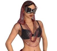 Ldabrye Hiphop Crystal Hoodie Tank Tops Hooded Hat Fishnet Shawl For Outdoor Festival Event and Street Wear Fashion Accessory Hiphop Streetwear Cap, bordeaux, M