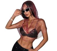 Ldabrye Hiphop Crystal Hoodie Tank Tops Hooded Hat Fishnet Shawl For Outdoor Festival Event and Street Wear Fashion Accessory Hiphop Streetwear Cap, Rouge, M