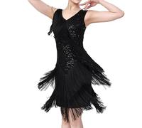 Ldabrye Robe de danse latine respirante en soie de lait ornée de franges à paillettes pour costume de fête professionnelle, Noir , L