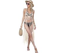 Ldabrye Robe longue en crochet avec pompons pour femme