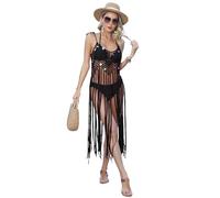 Ldabrye Robe longue en crochet avec pompons pour femme