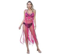 Ldabrye Robe longue en crochet avec pompons pour femme