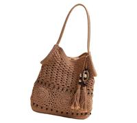Ldabrye Sac à main en crochet pour femme - Grande capacité - Avec pompons - Tissé - Pour la plage et les vacances - Sac ethnique, café, One Size