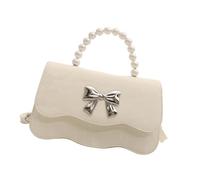 Ldabrye Sac à main pour femme en cuir synthétique avec nœuds mignons, sac à bandoulière avec perles et poignée en perles, sac à main avec sangle réglable, petite bandoulière, blanc, Taille unique