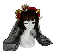 Ldabrye Serre-tête d'Halloween en corne de bœuf gothique avec fleur de rose, voile de taureau, accessoires de cheveux pour femmes et filles