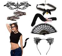 LDBKLGHJ Serre Tete Oreille de Chat Masques Dentelle, Sexy Masque Dentelle Déguisement Femme Adulte - Ensemble Complet de Chat Noir, Idéal pour Halloween, Cosplay Sexy de Catwoman