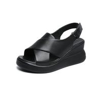 LDBM Summer Open-Toe Women slippers Fish-Mouth Shoes Leather Buckle Hollow Wedges Women's Thick-soled Sandals(Black-2,7)