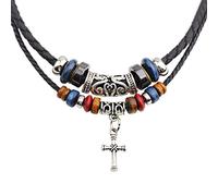 Ldbuejiaja Collier avec pendentif crucifix style rétro réglable, cordon en cuir pour homme et femme, double couche, bijou, cuir, tribal