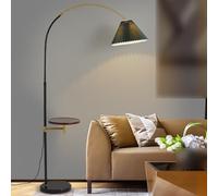 LDCBFTR Lampadaire doré Lampes de Sol à Arc latéral pour canapé Abat-Jour en Lin plissé Lampe Haute avec Plateau Créativité Nordique Lampe sur Poteau en Fer Lampe de Lecture d'angle Verticale Base en