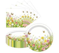 LDFDRT Assortiment de 20 assiettes en carton 18 cm et 20 serviettes Fleurs de printemps, vaisselle et couverts jetables, décoration de table pour fêtes, anniversaires et réunions de famille
