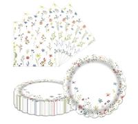 LDFDRT Assortiment de 20 assiettes en carton 18 cm et 20 serviettes Fleurs de printemps, vaisselle et couverts jetables, décoration de table pour fêtes, anniversaires et réunions de famille