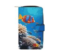 LDGSUPH Portefeuille long de voyage en cuir corail avec fermeture éclair pour adulte Motif poissons tropicaux et océans Porte-cartes multifonction 12 emplacements pour cartes