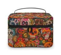 LDGSUPH Trousse de maquillage d'art populaire mexicain avec poignée - Portable - Trousse de toilette de voyage légère et imperméable - Joli sac de rangement pour cosmétiques - Grande trousse de