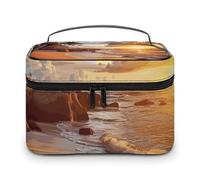 LDGSUPH Trousse de maquillage de voyage portable avec poignée - Motif plage tropicale au coucher du soleil - Légère et imperméable - Joli sac de rangement pour cosmétiques - Grande trousse de