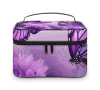 LDGSUPH Trousse de maquillage portable avec poignée et fleurs violettes et papillons - Trousse de toilette de voyage légère et imperméable - Joli sac de rangement pour cosmétiques - Grande trousse de