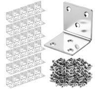 LDHHYH Lot de 30 équerres de fixation 50 x 50 mm en acier inoxydable 201, connecteurs d’angle en L argentés avec 180 vis, plaques 6 trous pour meubles, tables, lits et cadres