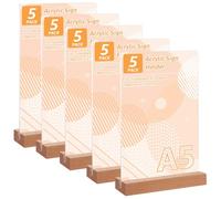 LDHHYH Lot de 5 présentoirs de table A5, A5, socle en bois, support en T, présentoir publicitaire double face, support en acrylique DIN A5, présentoir publicitaire pour restaurant, bureau, café