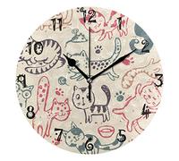 LDIYEU Art Cartoon Joy Cat Round Wall Clock Circular Plate Silent Non Ticking Clocks for Kitchen Home Office School Decor Kid Boys Girls