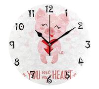 LDIYEU Art Joy Heart Pig Round Wall Clock Circular Plate Silent Non Ticking Clocks for Kitchen Home Office School Decor Kid Boys Girls