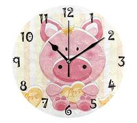 LDIYEU Art Love Heart Pig Round Wall Clock Circular Plate Silent Non Ticking Clocks for Kitchen Home Office School Decor Kid Boys Girls