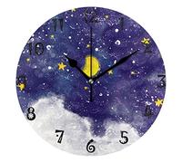 LDIYEU Art Space Star Moon Round Wall Clock Circular Plate Silent Non Ticking Clocks for Kitchen Home Office School Decor Kid Boys Girls