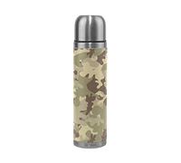 LDIYEU Camouflage Vert Café 500 ML Isolée sous Vide en Acier Inoxydable d'emballage en Cuir Bouteille d'eau Isotherme Tasse
