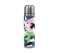 LDIYEU Camouflage Vert Coloré Aquarelle Café 500 ML Isolée sous Vide en Acier Inoxydable d'emballage en Cuir Bouteille d'eau Isotherme Tasse