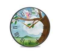 LDIYEU Chanter Arbre Oiseau Rond Murale Décoratif Moderne Horloge de Mur Circulaire Silencieuse Horloges pour Enfant Garçons Le Bureau à Domicile Cuisine Chambre école Décor(9.5In 11.9In)